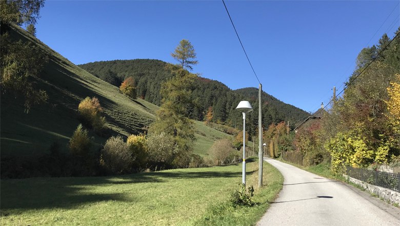 Rural road with lantern, surrounded by green hills and trees under a blue sky.