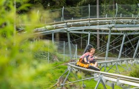 A woman and a child ride through a green landscape on a summer toboggan run, laughing.