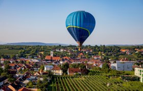 Hot air balloon over a cityscape with vineyards and houses.