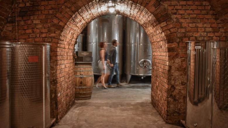 A wine cellar with brick walls and stainless steel tanks. Two people walk through a brick archway.