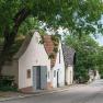 A picturesque wine cellar lane with traditional houses and trees in Stixneusiedl, Lower Austria