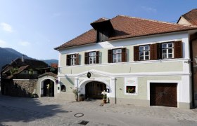 Traditional house with green façade and brown shutters in a rural setting.