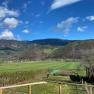 View from a terrace of green fields and wooded hills under a blue sky with clouds.