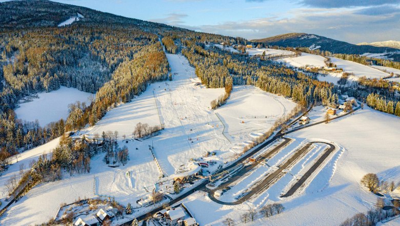 Aerial view of a snow-covered ski area with pistes and forest in the Wexl Arena.