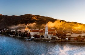 Dürnstein Abbey in the fall fog