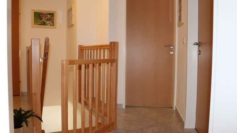 Interior view of a hallway with wooden doors and banisters.