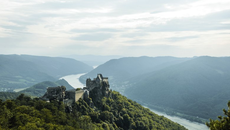 Aerial view of the Aggstein castle ruins on a wooded hill with a view of the Danube and surrounding mountains.