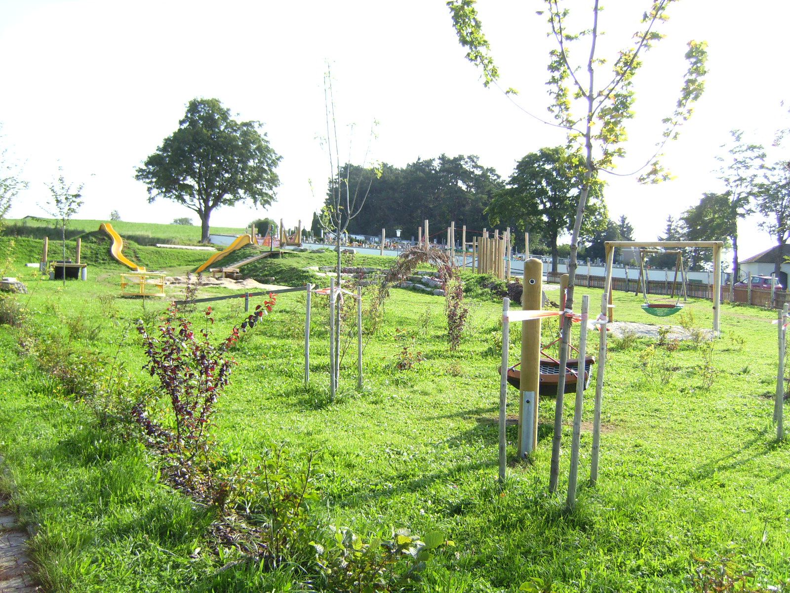 Green playground with slide and swing.