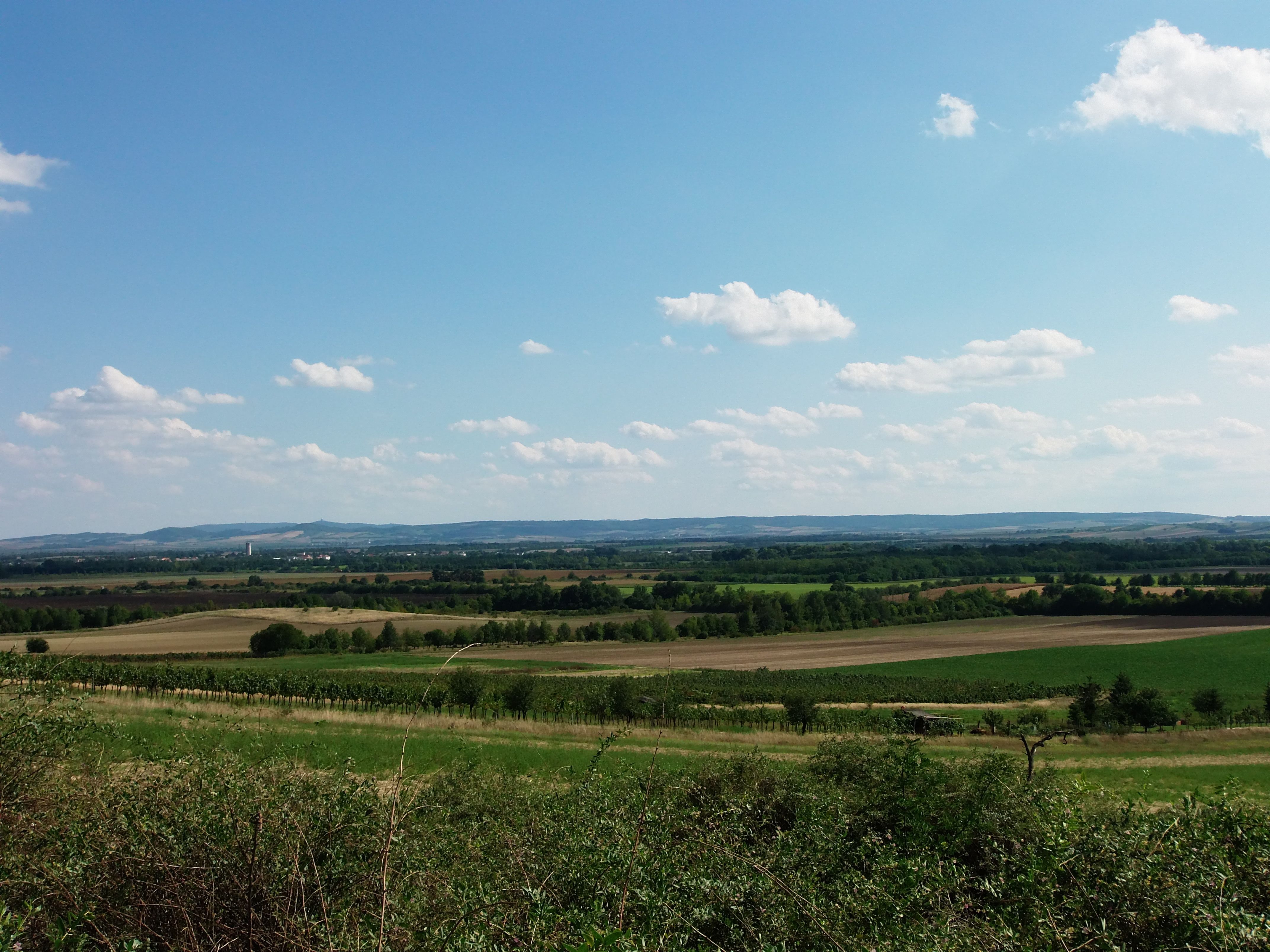 Wide landscape with fields and hills under a blue sky with clouds.
