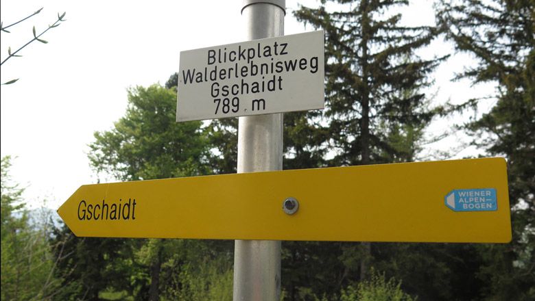 Signpost to the Gschaidt forest adventure trail viewing point, 789 m, with yellow sign and Vienna Alps arch logo.