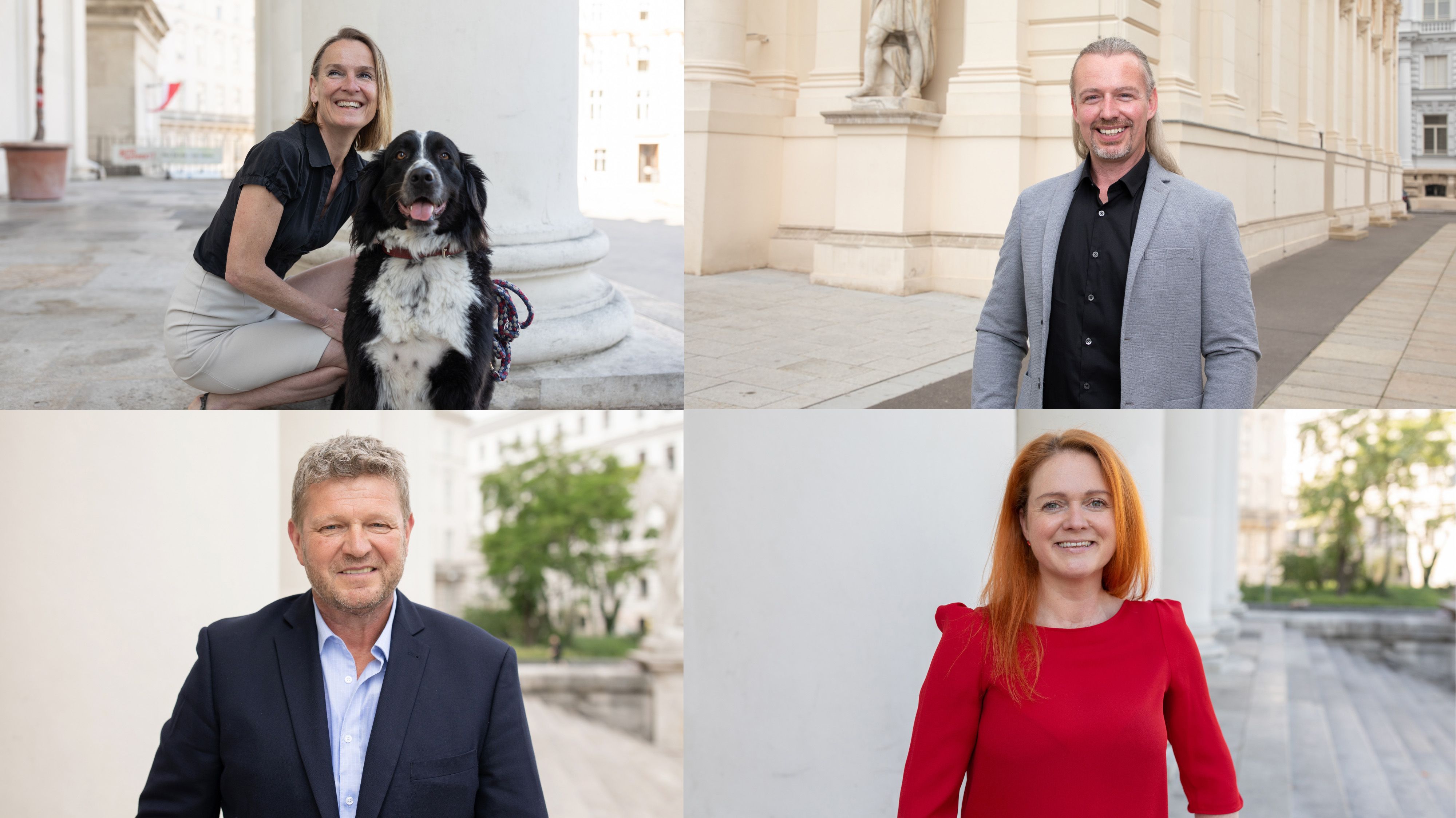 Four people pose in front of a historic building, a woman with a dog, two men and a woman in a red dress.