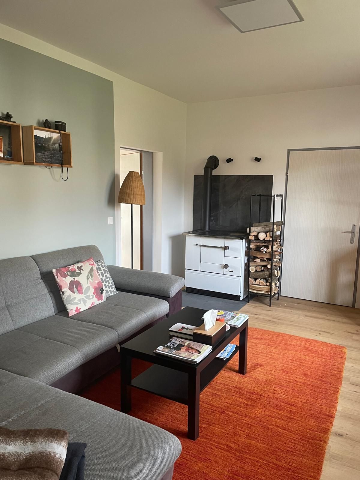 Cozy living room with grey sofa, coffee table, red carpet and wood-burning stove.