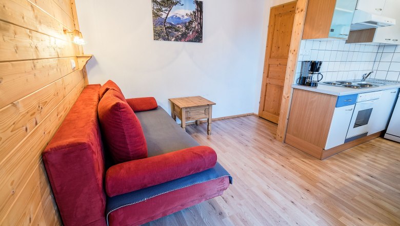 Living room with red sofa, wooden walls and small kitchen.