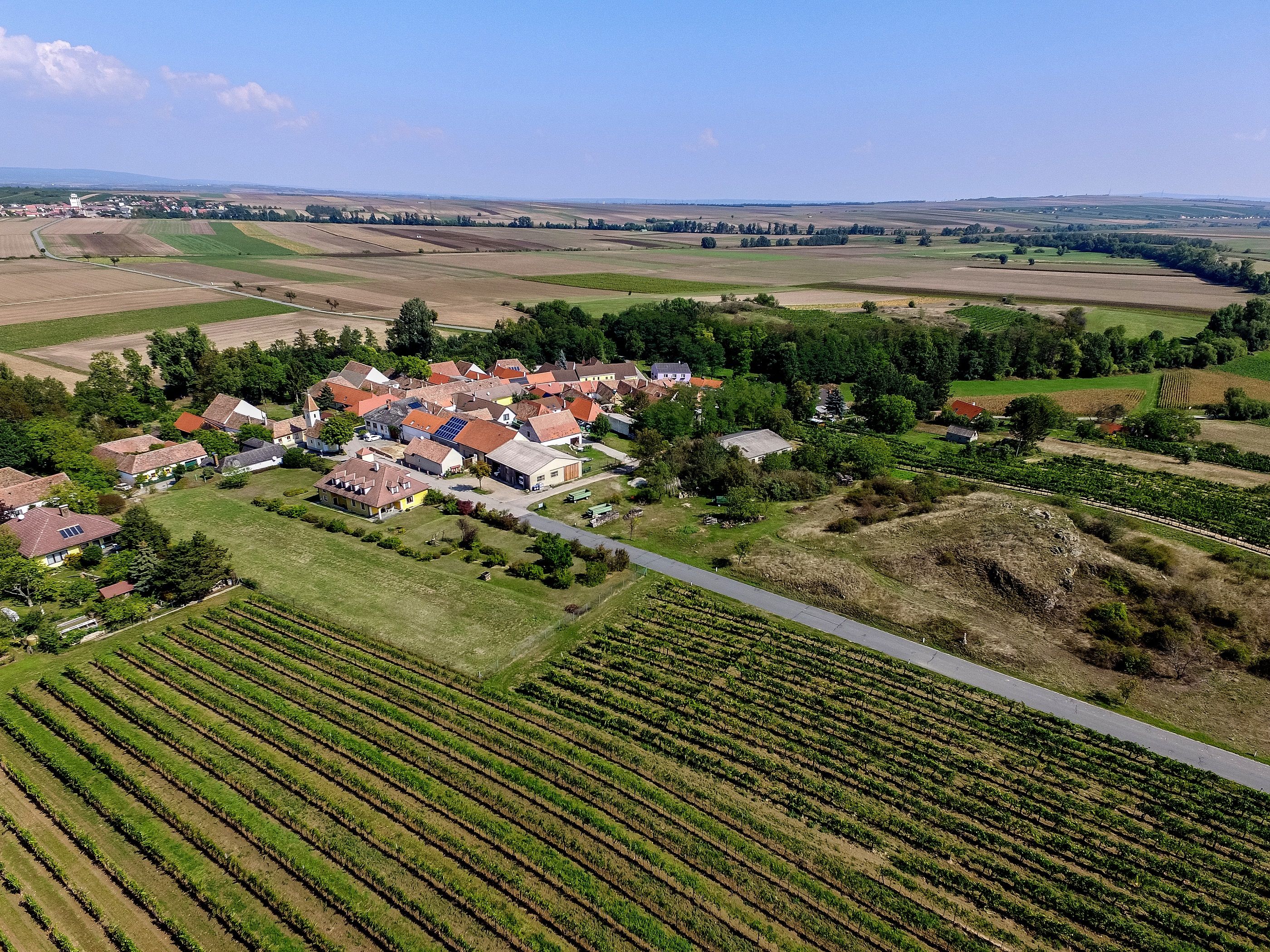 Aerial view of a small village surrounded by fields and vineyards.