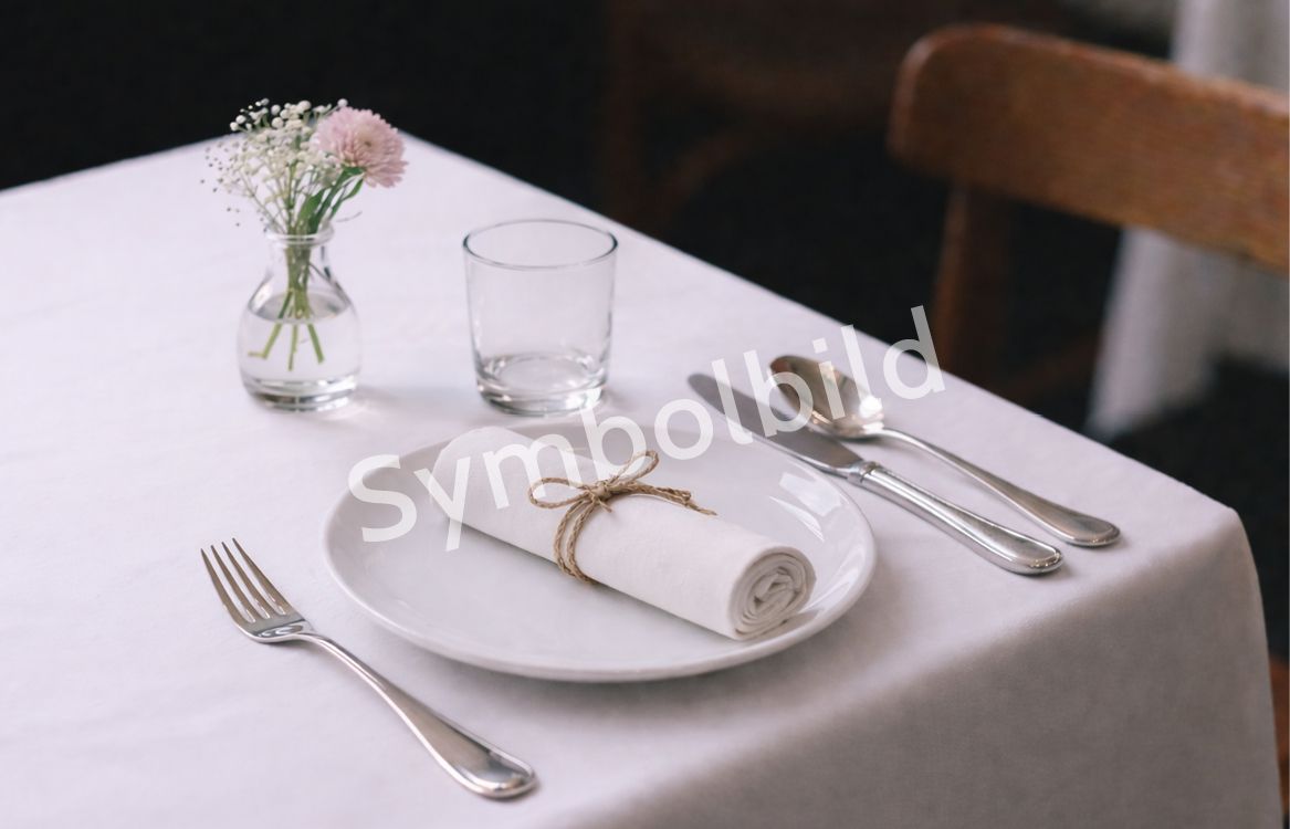 A restaurant table set with a white tablecloth, a plate, cutlery, a glass, and a small vase of flowers. The watermark reads "Symbolic Image."