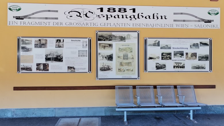 Information boards about the Aspangbahn with historical pictures and texts.