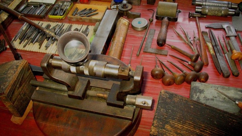 Tools on a table in a roller engraving shop.
