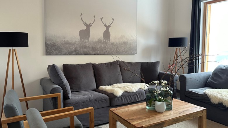 Living room with gray sofas, wooden table and deer picture on the wall.