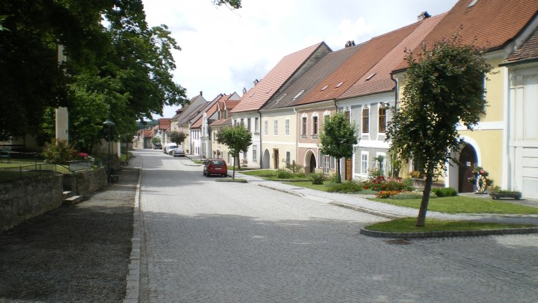 Street in Drosendorf town with historic houses and trees.
