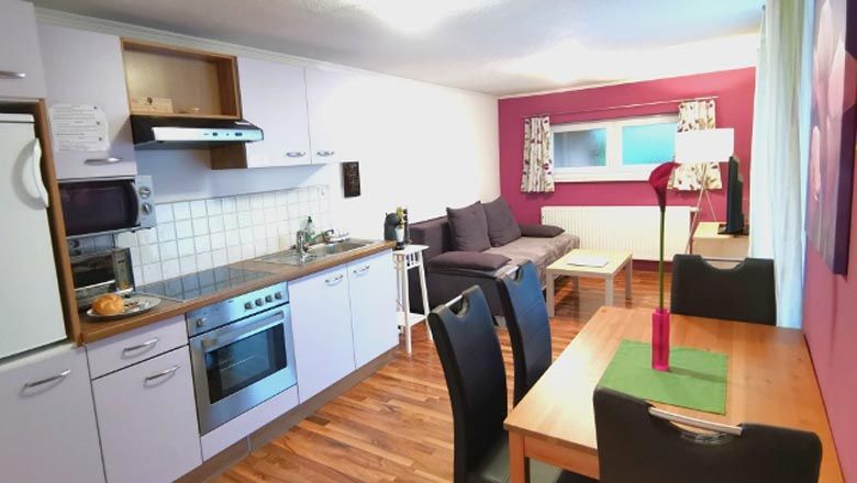 Interior view of a modern apartment with kitchen, dining table and sofa.