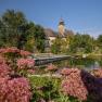 A historic building with an onion dome behind a pond and flowering plants in the foreground.