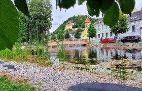 View of the Pitten mountain church from a park with a pond and bridge