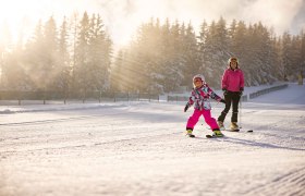 Child and adult skiing in the snow, surrounded by trees and sunshine.