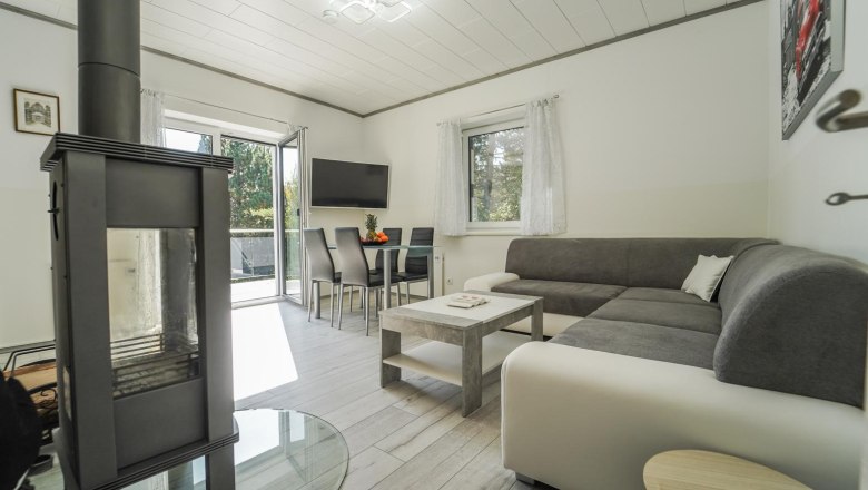 Modern living room with fireplace, gray sofa, dining table and large window.