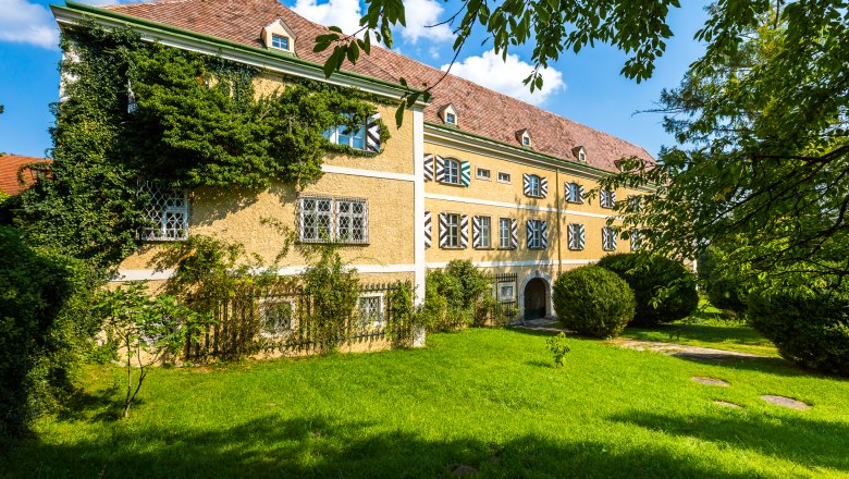 Historic building with yellow façade and ivy growth, surrounded by green meadow and trees.