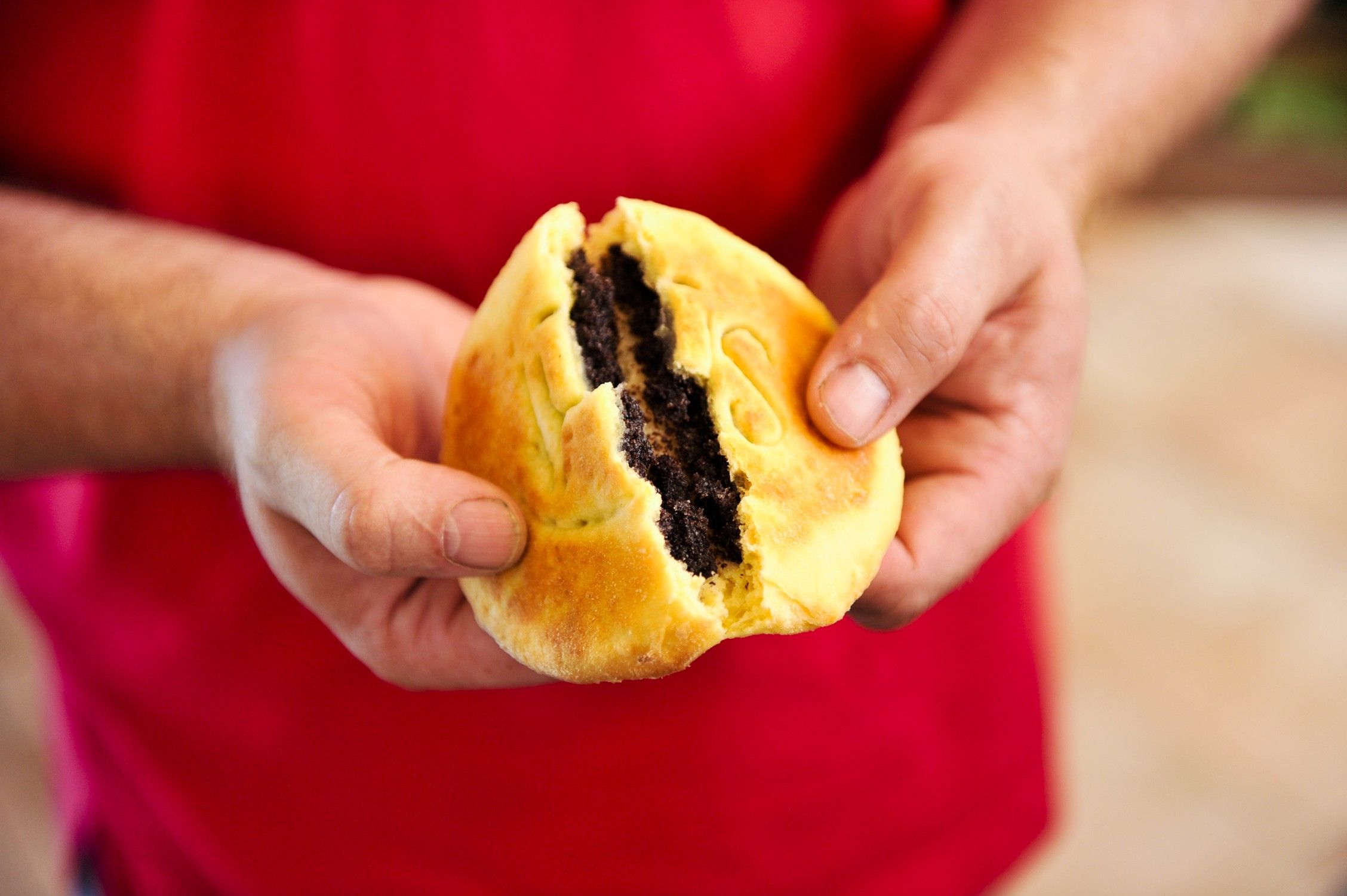 Person holding a broken pastry with poppy seed filling.