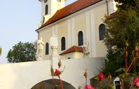 Wolkersdorf parish church with statues and roses in the foreground.