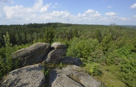 Rocks and forest landscape under a blue sky with clouds.