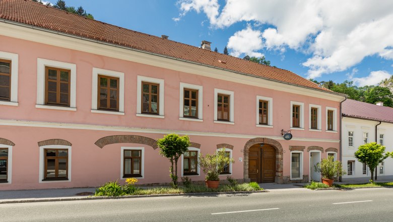 Two-story pink building with brown windows and wooden door, surrounded by plants, under a blue sky.