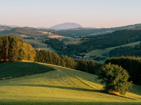 H&uuml;gelige Landschaft mit Schneeberg im Hintergrund, &copy; Wiener Alpen