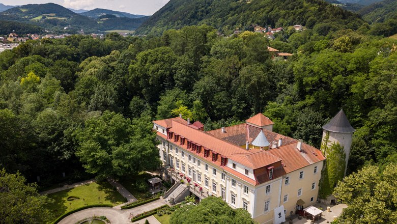 Aerial view of Stuppach Castle, surrounded by forest and hills.