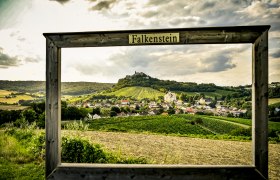 View of the village of Falkenstein with vineyards and a ruined castle in the background, framed by a wooden frame with the inscription 'Falkenstein'.
