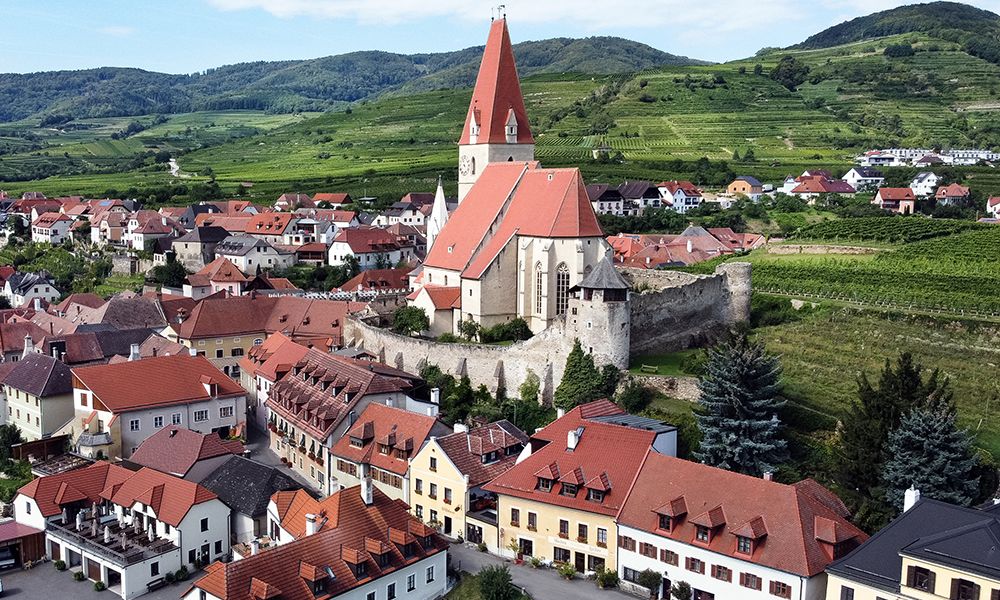 Aerial view of a village with a church and vineyards in the background.