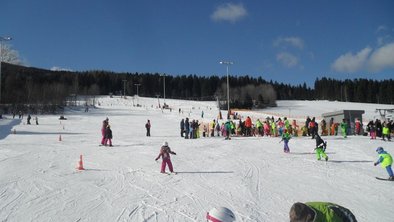 Children and adults skiing on a piste with a blue sky.