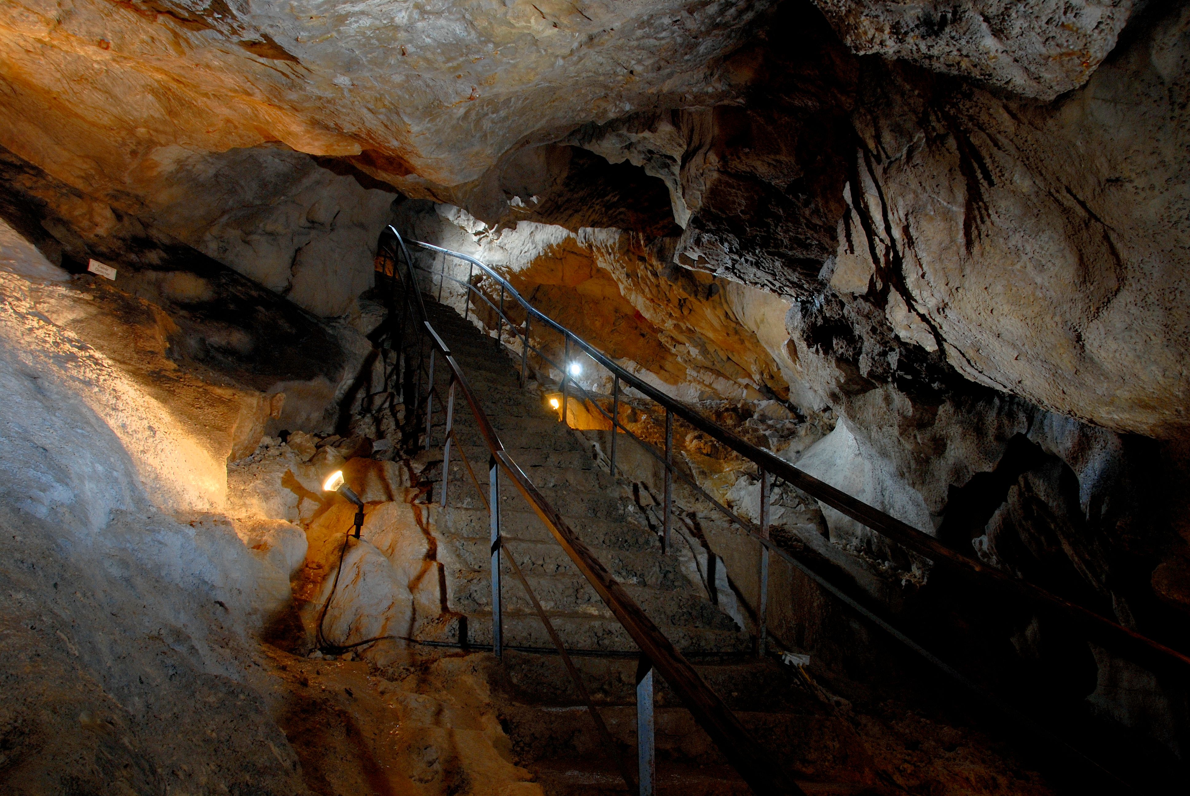 Interior view of the Nix Cave in Frankenfels with illuminated staircase.
