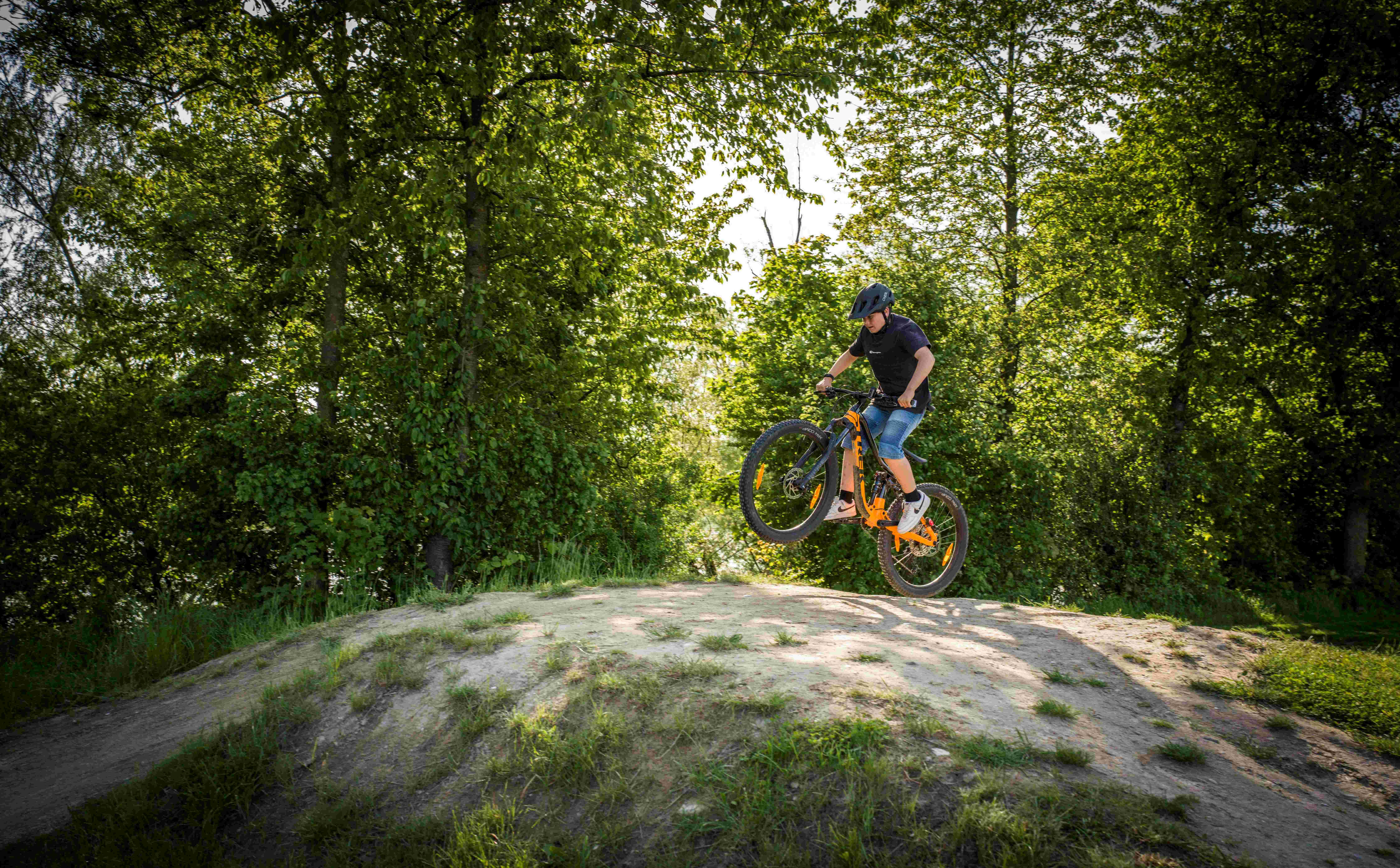 A mountain biker jumps over a hill in a wooded area on his bike.