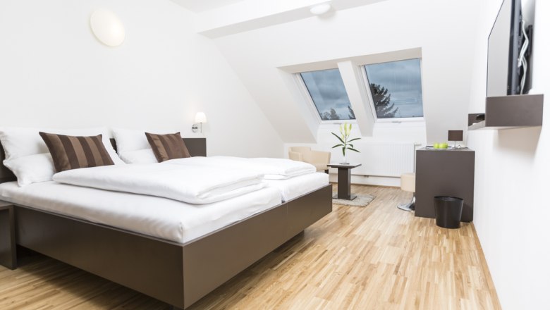 Modern guest room with double bed, skylights and wooden floor.