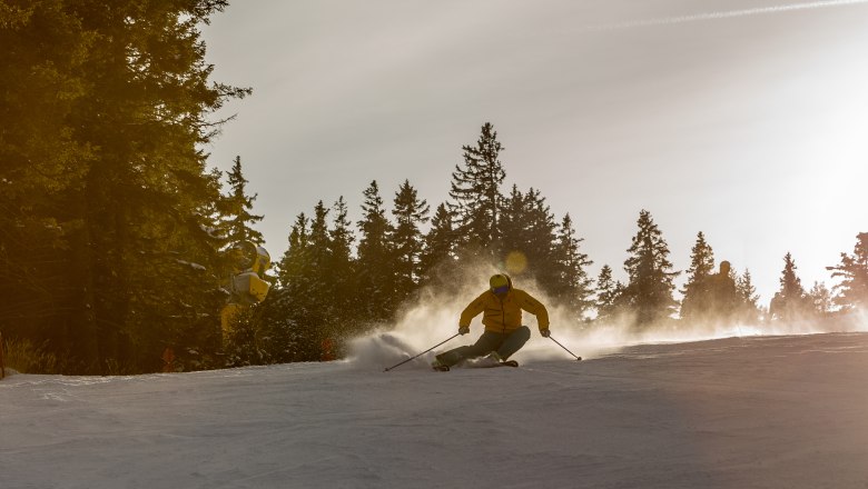 Skiers on a slope at sunset, surrounded by trees.