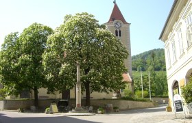 Rossatz parish church with church tower and blossoming trees in the foreground.