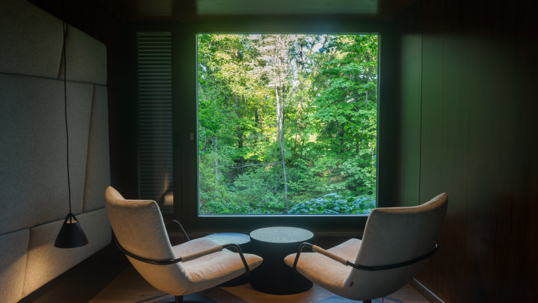 Interior view of a modern tree house with two armchairs and large window with forest view.