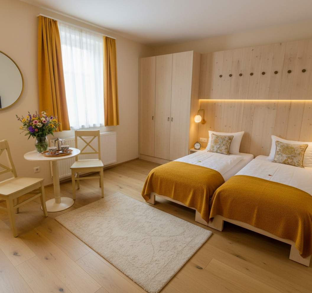 A cozy hotel room with two single beds, yellow curtains and a small table with flowers.