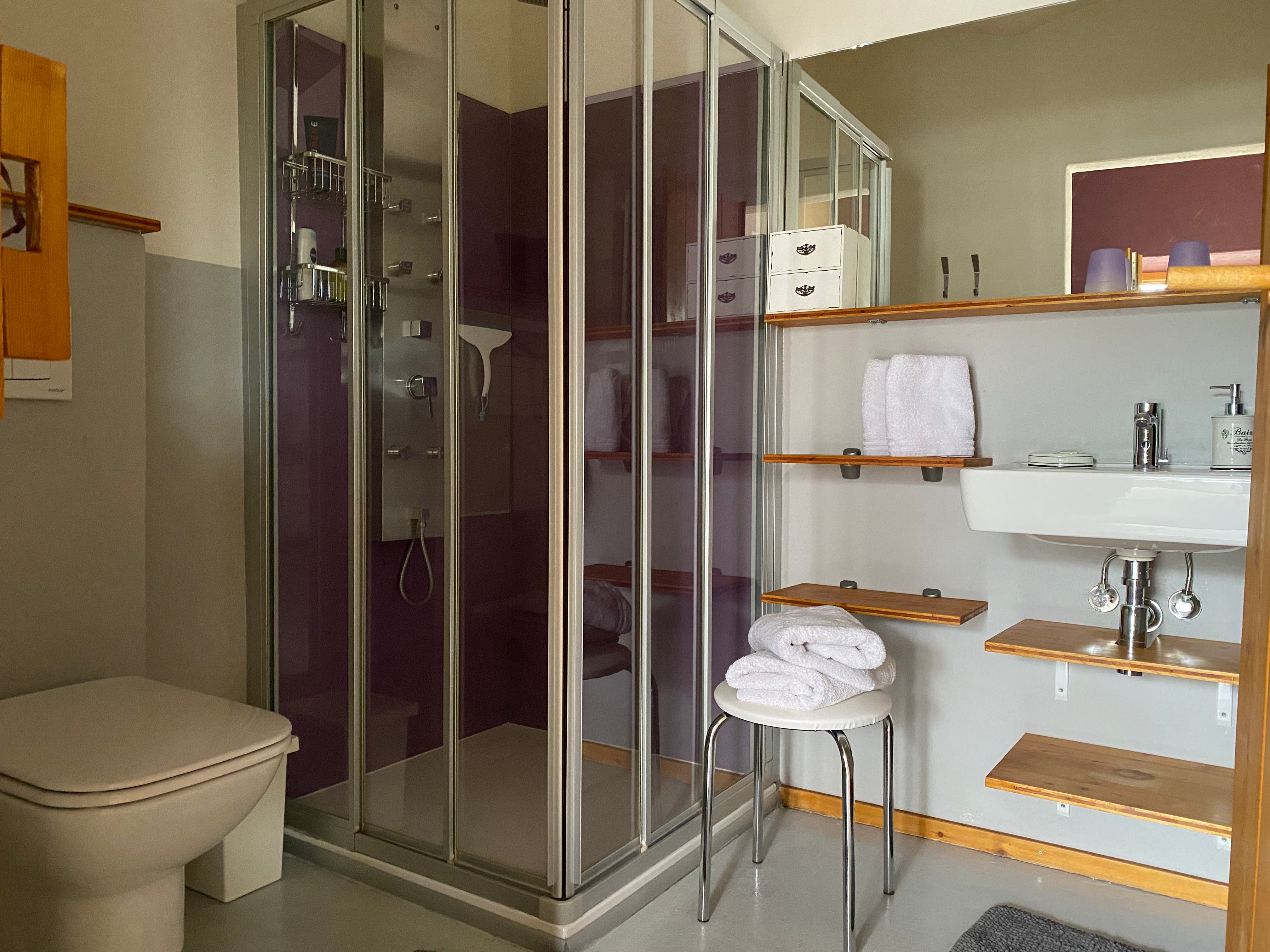 Modern bathroom with shower, washbasin, towels and shelves.