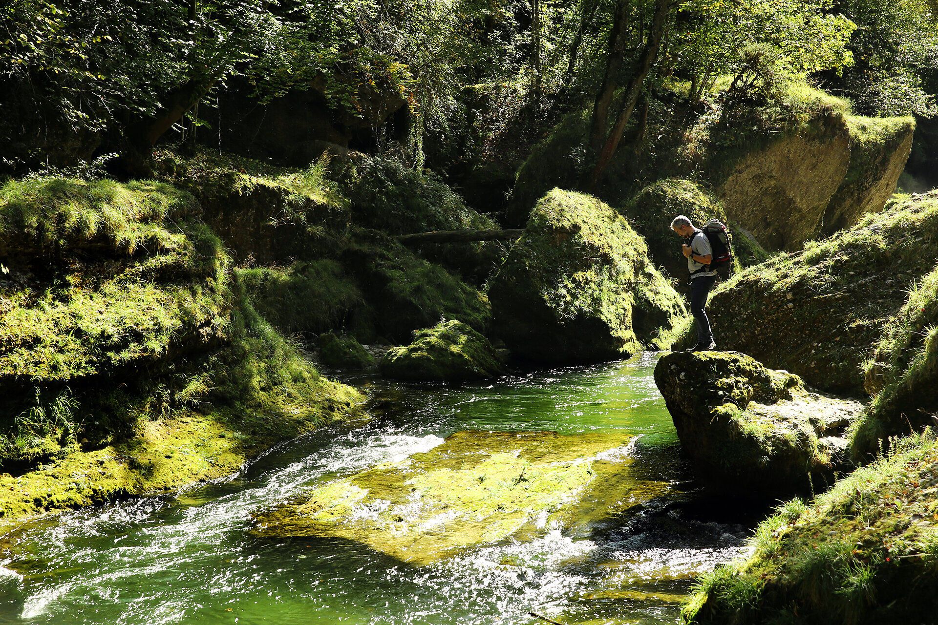 The gentle waves of the clear water ripple softly over the moss-covered stones, while the lush vegetation transforms the surroundings into a green paradise. A hiker enjoys the peaceful atmosphere and the refreshing breeze blowing through the trees.