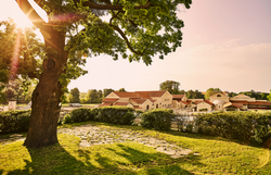 Roman town of Carnuntum with reconstructed buildings and red roofs, surrounded by green trees and lawns.
