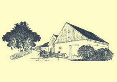 Drawing of rural buildings and trees on a path.