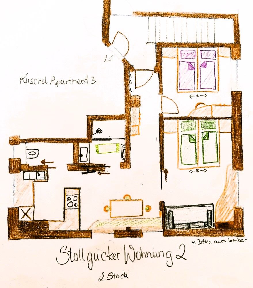Hand-drawn floor plan of an apartment with several rooms, windows and furniture.